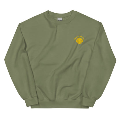Buen Camino Pullover oliv– Besticktes Jakobsweg Sweatshirt für Pilger