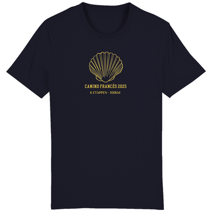 Stilvolles Camino T-Shirt in Navy Blue, aus nachhaltiger Bio-Baumwolle, mit personalisierbarem Jakobsweg-Motiv.
