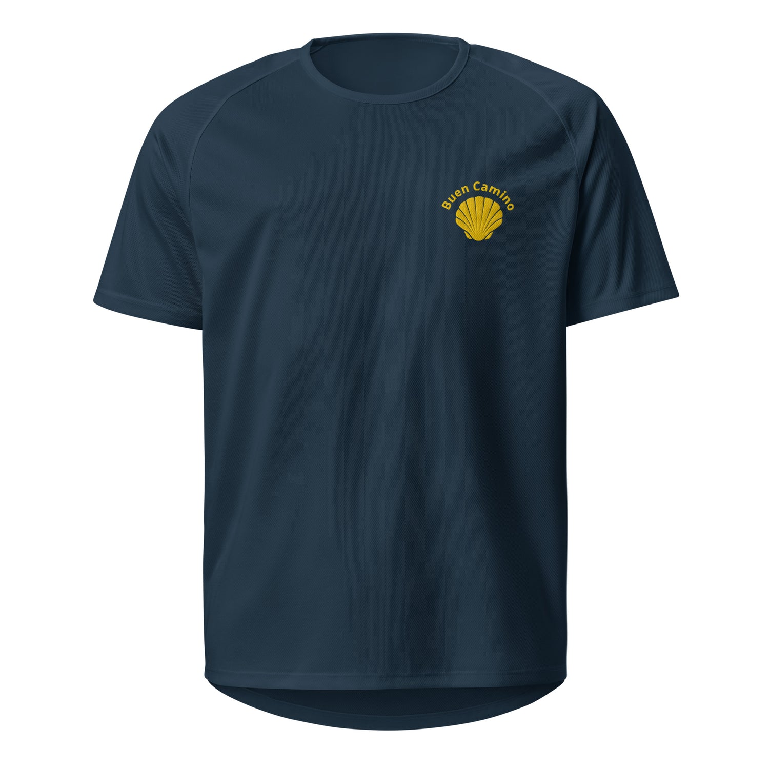 Sportliches Camino de Santiago Shirt in Dunkelblau mit hochwertiger Stickerei. Leicht, elastisch & ideal für Pilgerreisen.