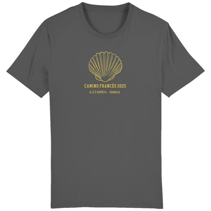 Trendiges Camino T-Shirt in dunklem Heather Grey, nachhaltig & personalisierbar – ideal für Jakobsweg-Fans.