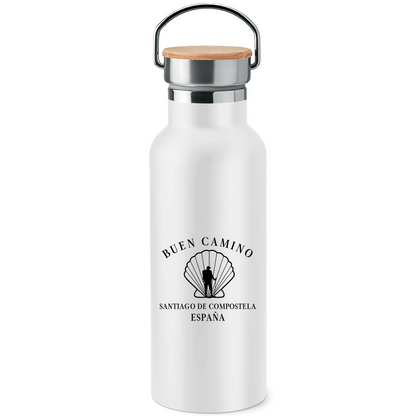 Edelstahlflasche mit Bambusdeckel mit Jakobsmuschel und Pilger