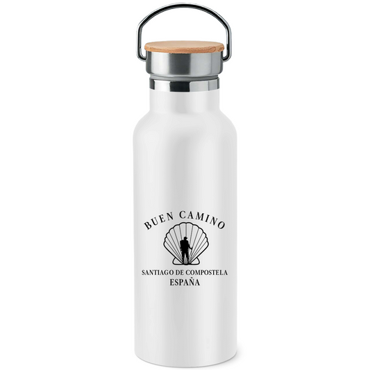 Edelstahlflasche mit Bambusdeckel mit Jakobsmuschel und Pilger