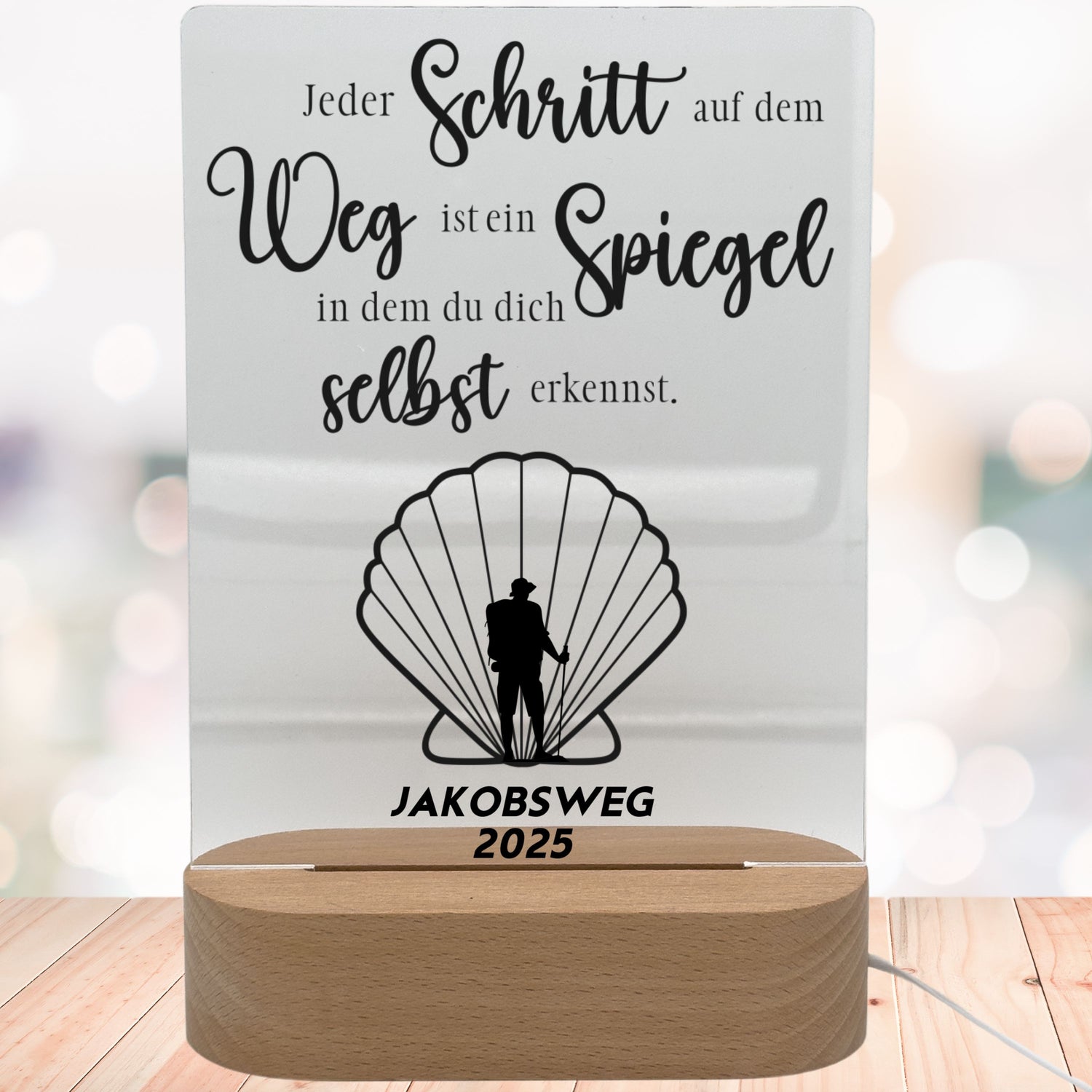 Personalisierbares LED-Nachtlicht mit Jakobsweg-Motiv & inspirierendem Spruch