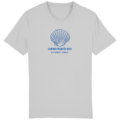 Personalisiertes Unisex Bio Premium T-Shirt in Heather Grey mit einer großen Jakobsmuschel und Deinem Jakobsweg, Etappen und Kilometern