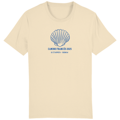 Personalisiertes Unisex Bio Premium T-Shirt in natural mit einer großen Jakobsmuschel und Deinem Jakobsweg, Etappen und Kilometern