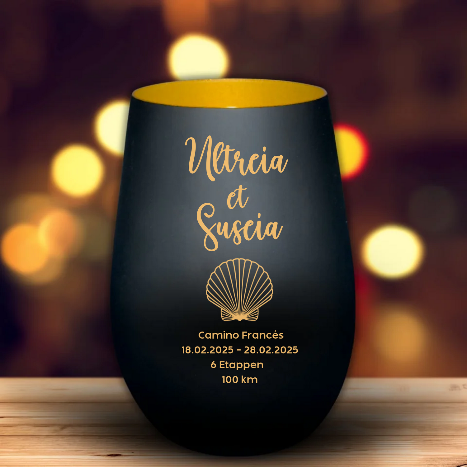 Personalisiertes Camino de Santiago Windlicht mit Pilgerzitat "Ultreia & Suseia" -  Erinnerungsstück für Jakobsweg-Pilger