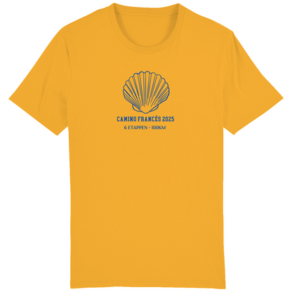 Personalisiertes Unisex Bio Premium T-Shirt in gelb mit einer großen Jakobsmuschel und Deinem Jakobsweg, Etappen und Kilometern