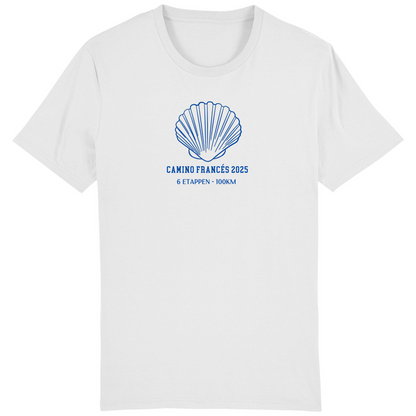 Personalisiertes Unisex Bio Premium T-Shirt in weiß mit einer großen Jakobsmuschel und Deinem Jakobsweg, Etappen und Kilometern