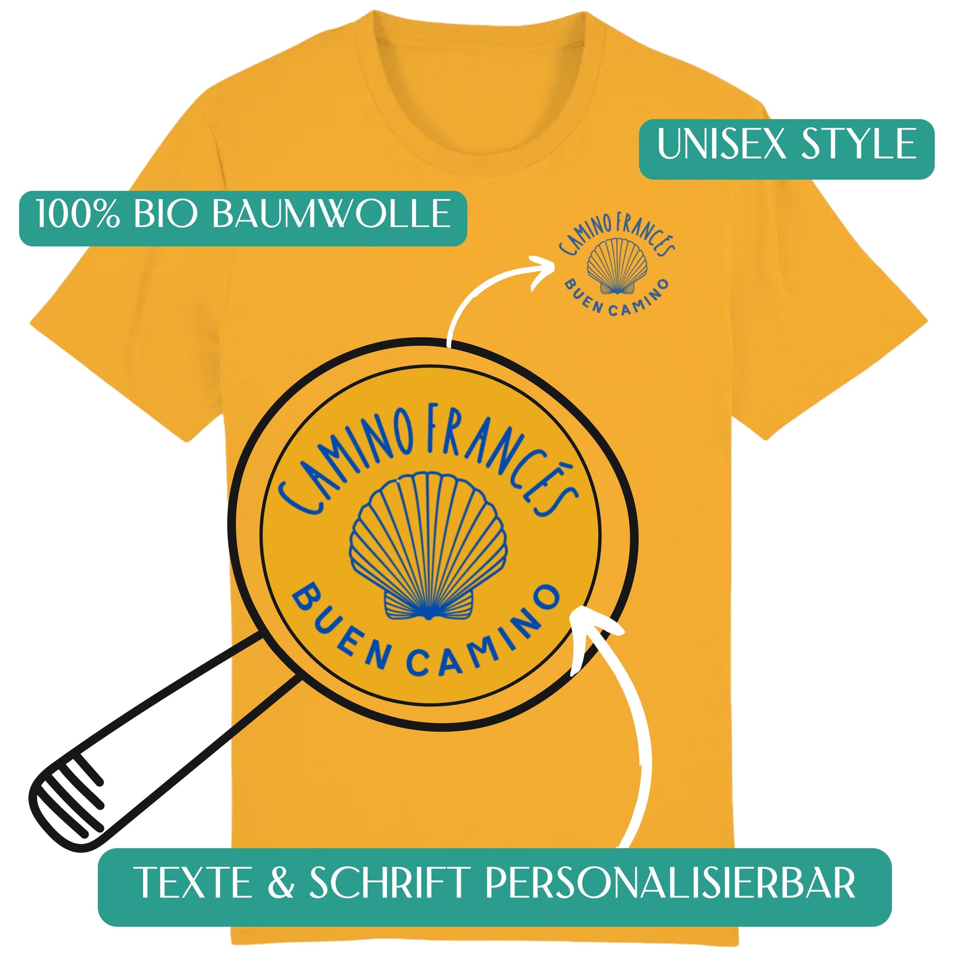 Strahlend gelbes Camino T-Shirt aus 100 % Bio-Baumwolle mit personalisierbarem Design – perfekt für Pilger und Jakobsweg-Fans.
