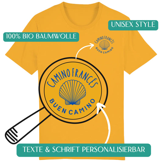 Strahlend gelbes Camino T-Shirt aus 100 % Bio-Baumwolle mit personalisierbarem Design – perfekt für Pilger und Jakobsweg-Fans.