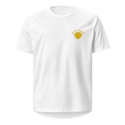 Klassisches Pilger-Shirt in Weiß mit hochwertiger Camino-Stickerei. Perfekt für warme Sommertage auf dem Jakobsweg.