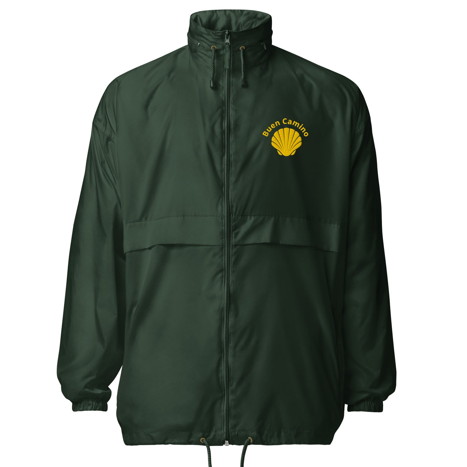 Leichte, faltbare Windjacke mit „Buen Camino“-Stickerei. Wasser- & windabweisend, mit Reißverschlüssen, Kapuze & Belüftungssystem in dunkelgrün